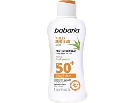 Protector Solar BABARIA Leche Piel Sensible Aloe Vera SPF 50+ (100 ml) - Tamaño Viaje