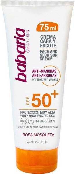 Babaria Crema Solar facial spf50+ uvauvb infrarrojos antiarrugas y antimanchas para uso escote contiene rosa protector sun 50 75