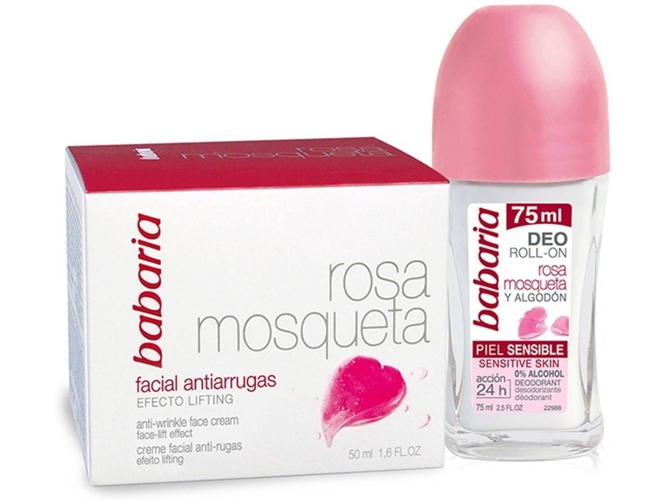 Pack BABARIA Rosa Mosqueta Crema Anti-Arrugas 50 ml + Roll-On Algodon