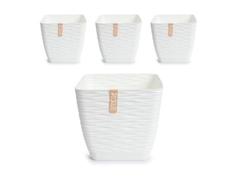 Set de 4 Macetas Decorativas Cuadradas 17 cm con Platos Integrados. Blanco Roto ARECA