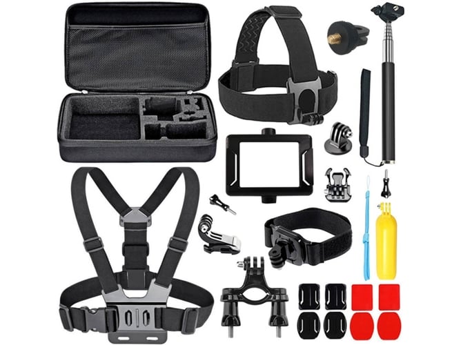 Kit 13 Accesorios para kit610 prixton con correas soportes palo selfie camara deportivaaccesorios deportiva bici cuerpo cabeza muñeca pecho y flotador sumergible action