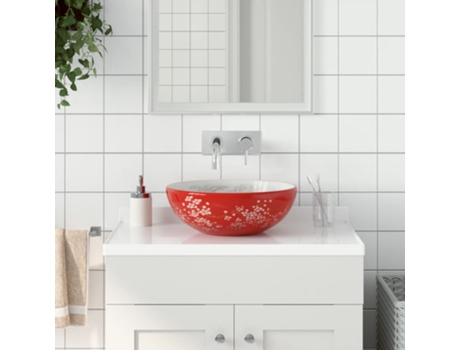 MAISON EXCLUSIVE Lavabo sobre encimera redondo cerámica blanco y rojo Φ41x14 cm