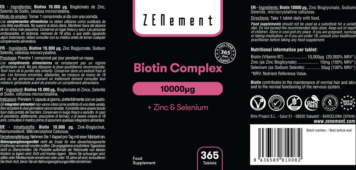 Complemento Alimentar ZENEMENT Biotina Complex (365 Comprimidos)