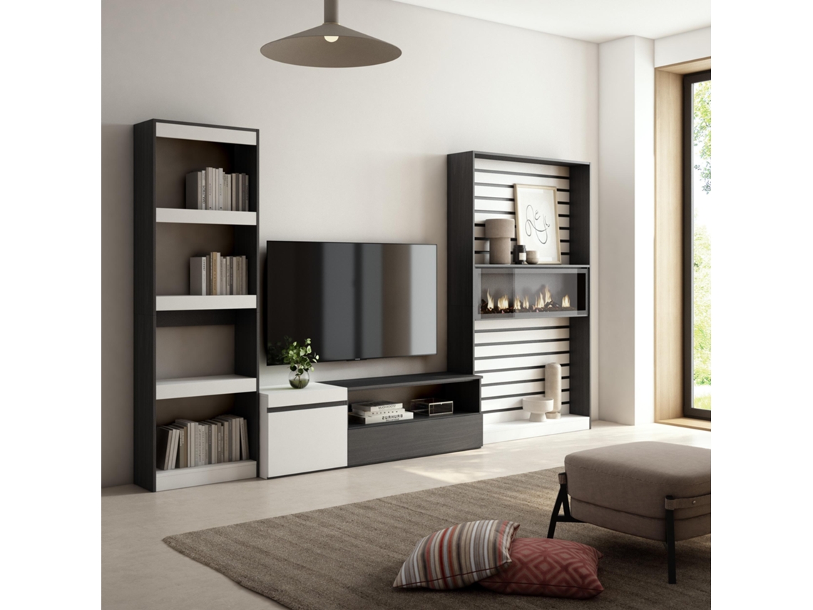 Muebles de Salón para TV 320x186x35cm Chimenea eléctrica Blanco y negro