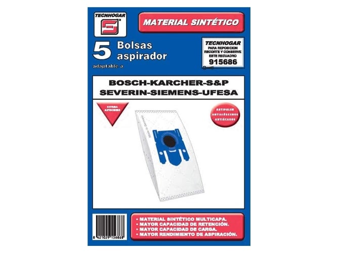 Pack De 5 bolsas aspirador tecnhogar adaptable siemens ufesa 915686 blanco 5u.boschsieme