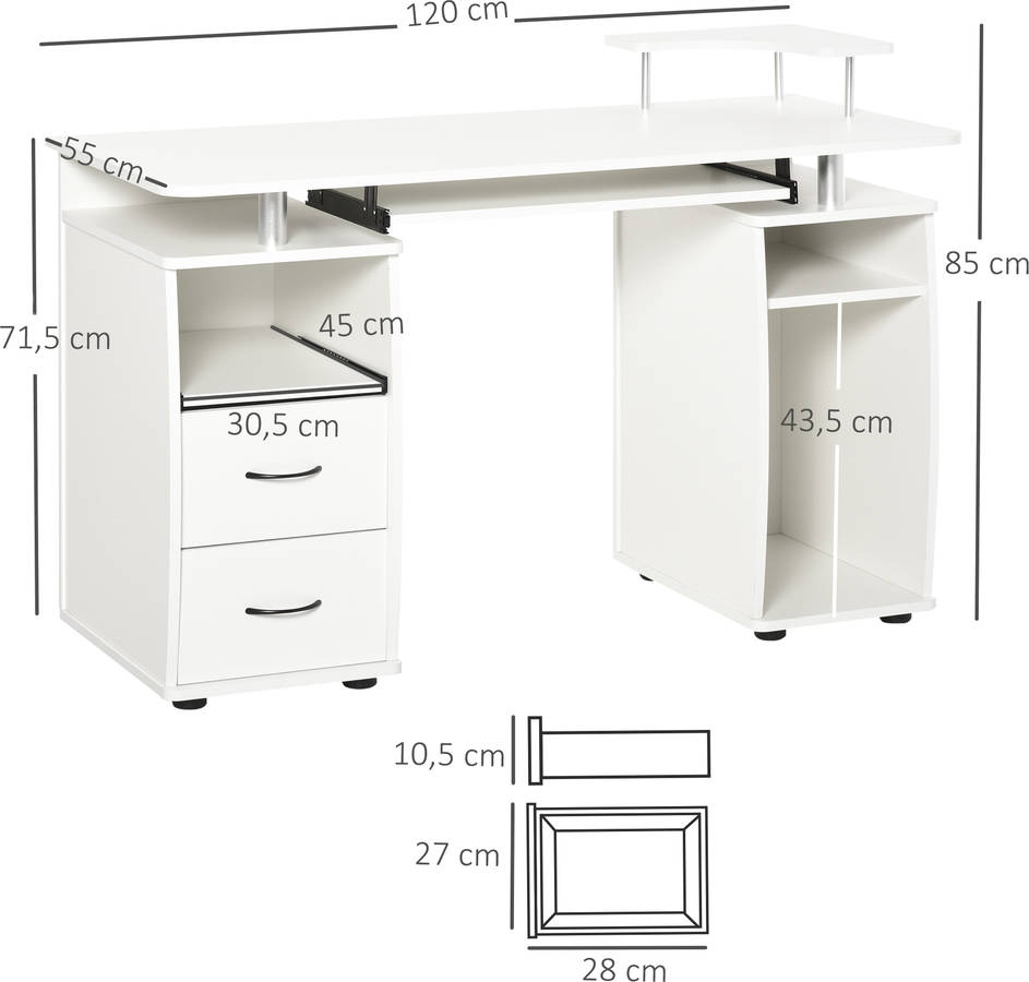 Escritorio HOMCOM Estanterías y Bandeja del teclado Blanco (120 x 55 x 85 cm)