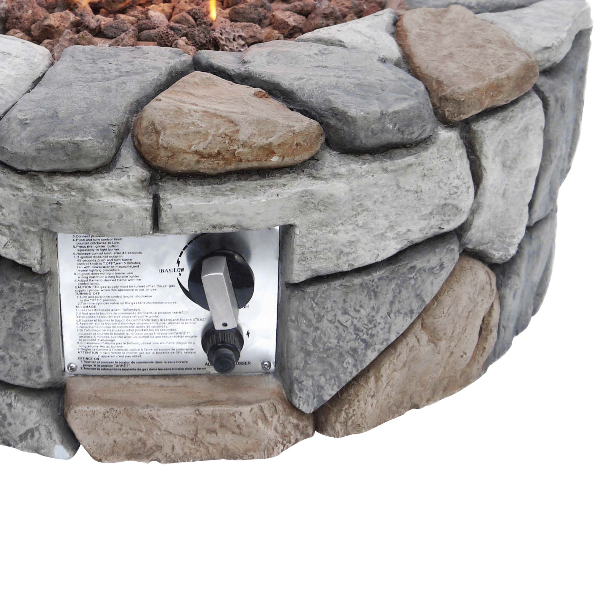 Teamson Home Mesa y brasero de gas propano redondo para quemador exteriores hoguera sin humo calentador muebles patio efecto piedra con rocas lava cubierta gris chimeneas 232