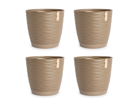 Set de 4 Macetas Decorativas Redondas 15 cm con Platos Integrados. Taupe ARECA