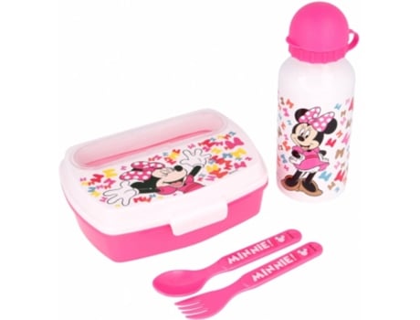 Set Urban Vuelta cole 4 pcs botella aluminio 400 ml y sandwichera con cubiertos minnie so edgy bows lonchera mouse rosa 7 18 12