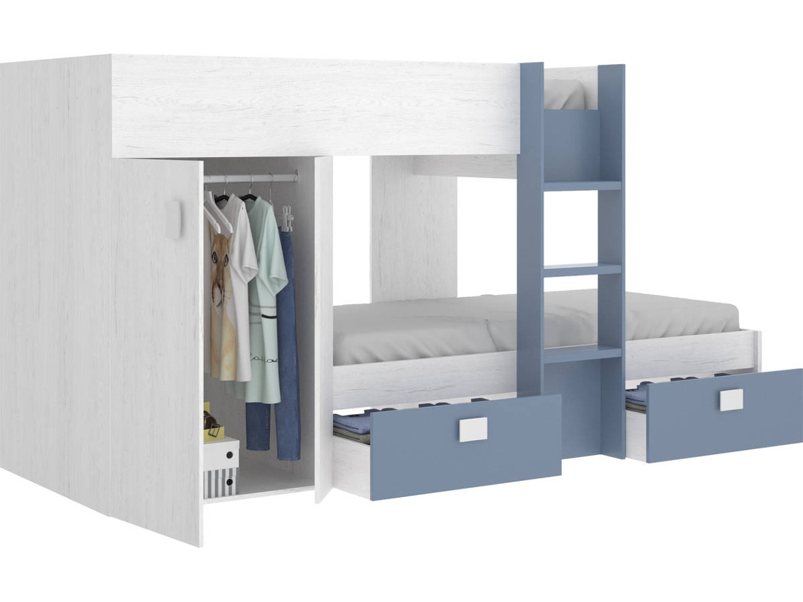 Cama Tren con Mueble Armario y 2 Cajones Modelo Groe Artic y Aguamarina.