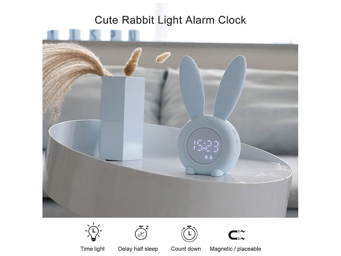 Reloj despertador para niños, con orejas de conejo y luces nocturnas  recargables, lindo reloj despertador digital para dormitorio de niños  (color