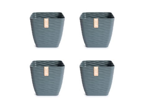 Set de 4 Macetas Decorativas Cuadradas 13 cm con Platos Integrados. Gris ARECA