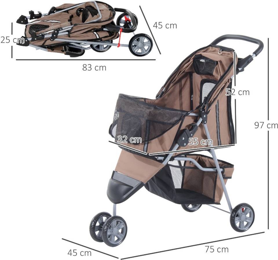 Carrito Para Perros y gatos pawhut pegable 75x45x97cm nylon hasta 15 kg s porte pequeño cochecito plegable mascotas ruedas giran 360º