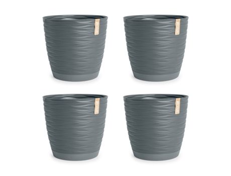 Set de 4 Macetas Decorativas Redondas 15 cm con Platos Integrados. Gris ARECA