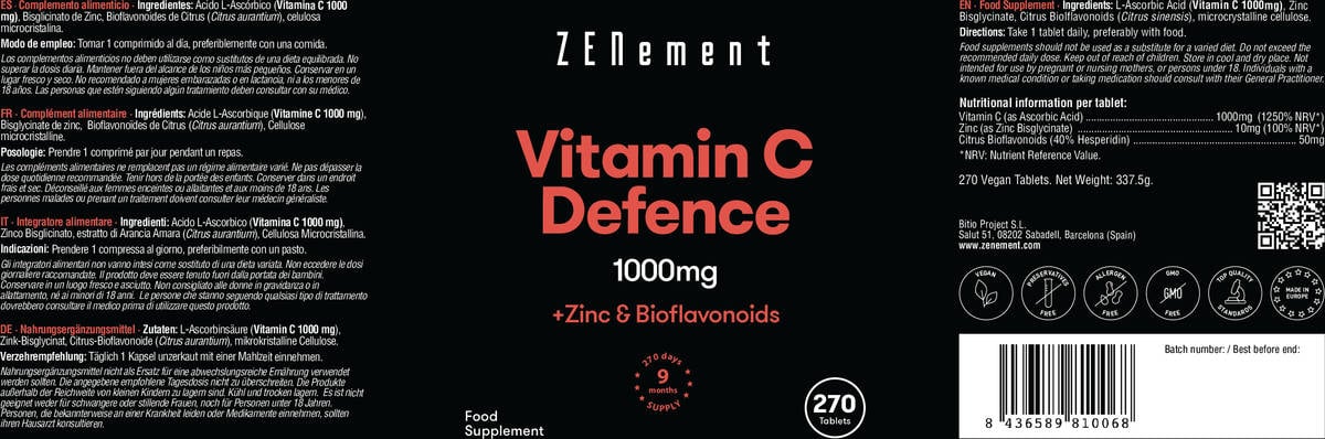 Complemento Alimentar ZENEMENT Vitamina C Defence (270 Comprimidos)