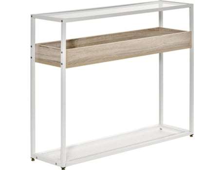 Homcom Mesa Consola entrada 108x28x85 cm mueble recibidor encimera cristal estante y rejilla inferior marco acero para pasillo extremo del sofá blanco estilo industrial 108 28 85