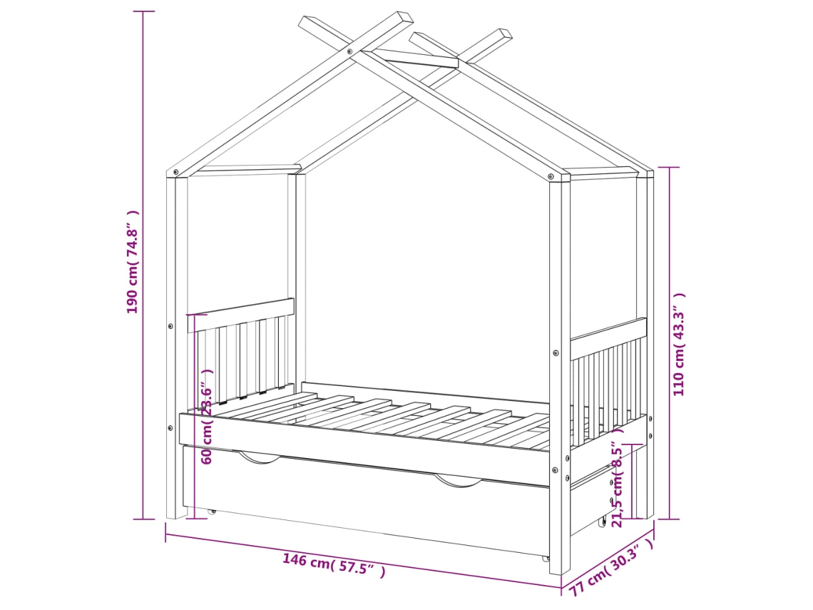 Estructura de cama infantil con cajón madera de pino 70x140 cm