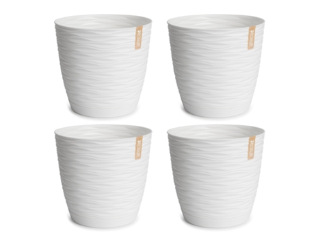 Set de 4 Macetas Decorativas Redondas 17 cm con Platos Integrados. Blanco ARECA