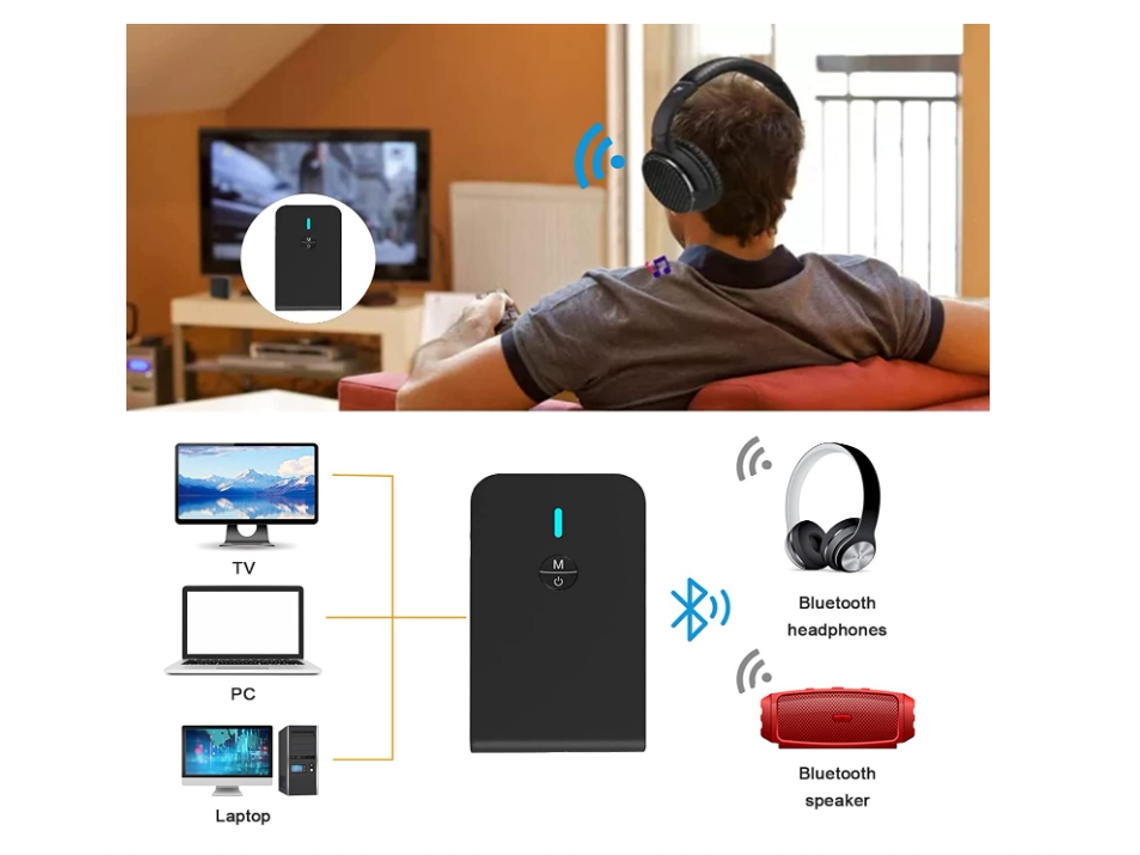 Transmisor Bluetooth para TV, Transmisor inalámbrico Bluetooth 5.0  Adaptador de audio Adaptador inalámbrico de 3,5 mm para auriculares, PC, TV,  computadora portátil y más
