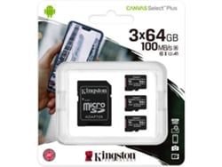 Paquete de 3 tarjetas de memoria KINGSTON 64GB MicroSD Canvas Select Plus 100R A1 C10 + adaptador