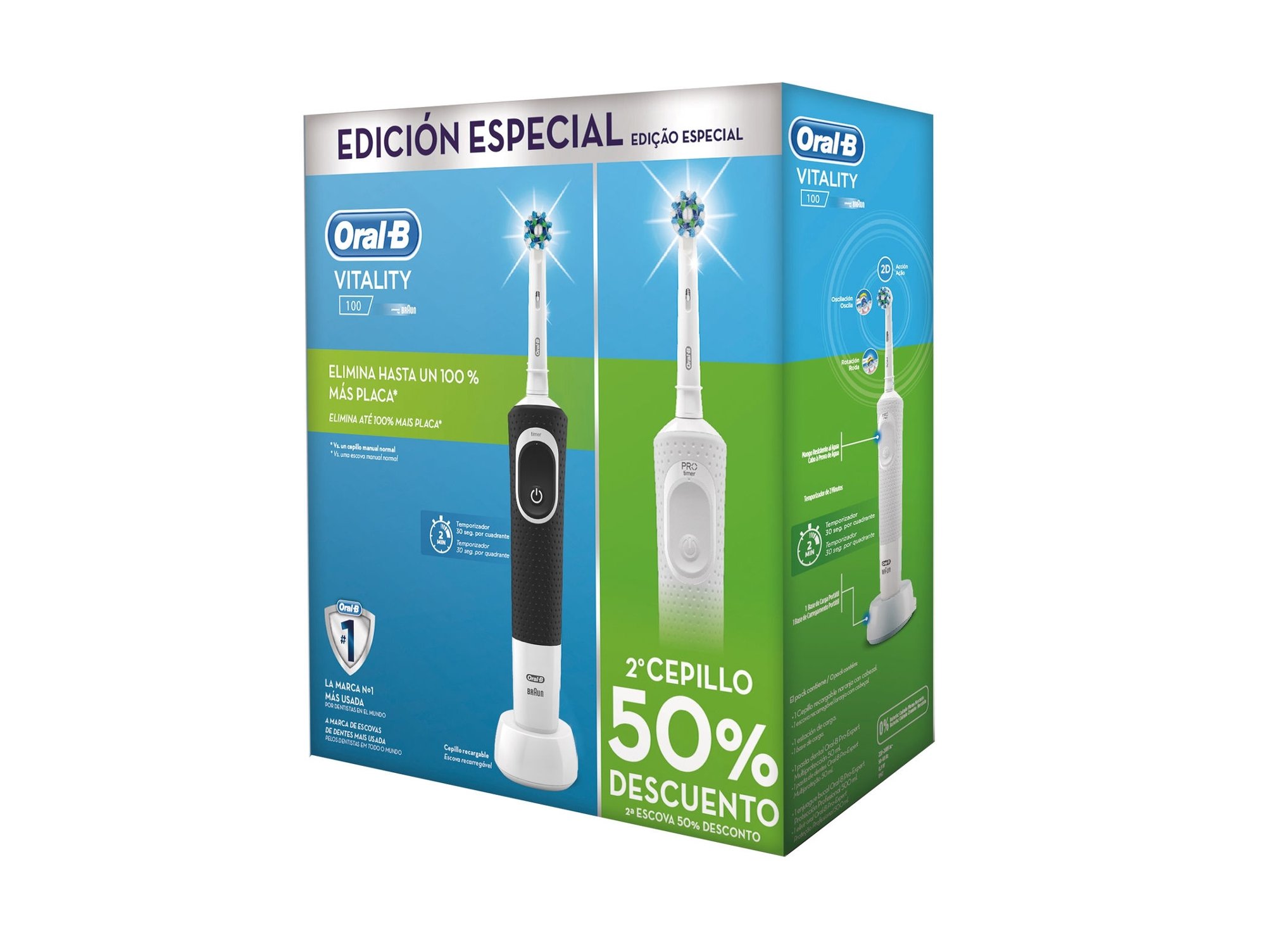 Cepillo de Dientes ORAL-B Vitality 100 Duplo Blanco y Negro (7.600 rpm)