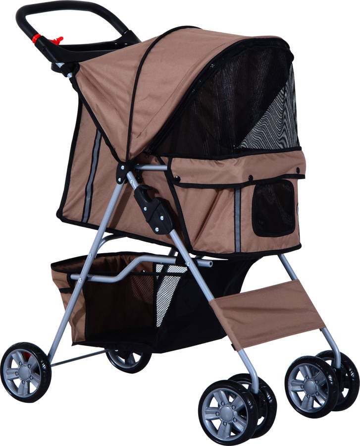 Carrito para Perros y Gatos PAWHUT Pegable (Marrón - 75x45x97cm - Nylon - Hasta: 15 Kg - S - Porte Pequeño)