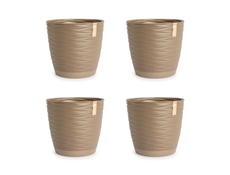 Set de 4 Macetas Decorativas Redondas 13 cm con Platos Integrados. Taupe ARECA