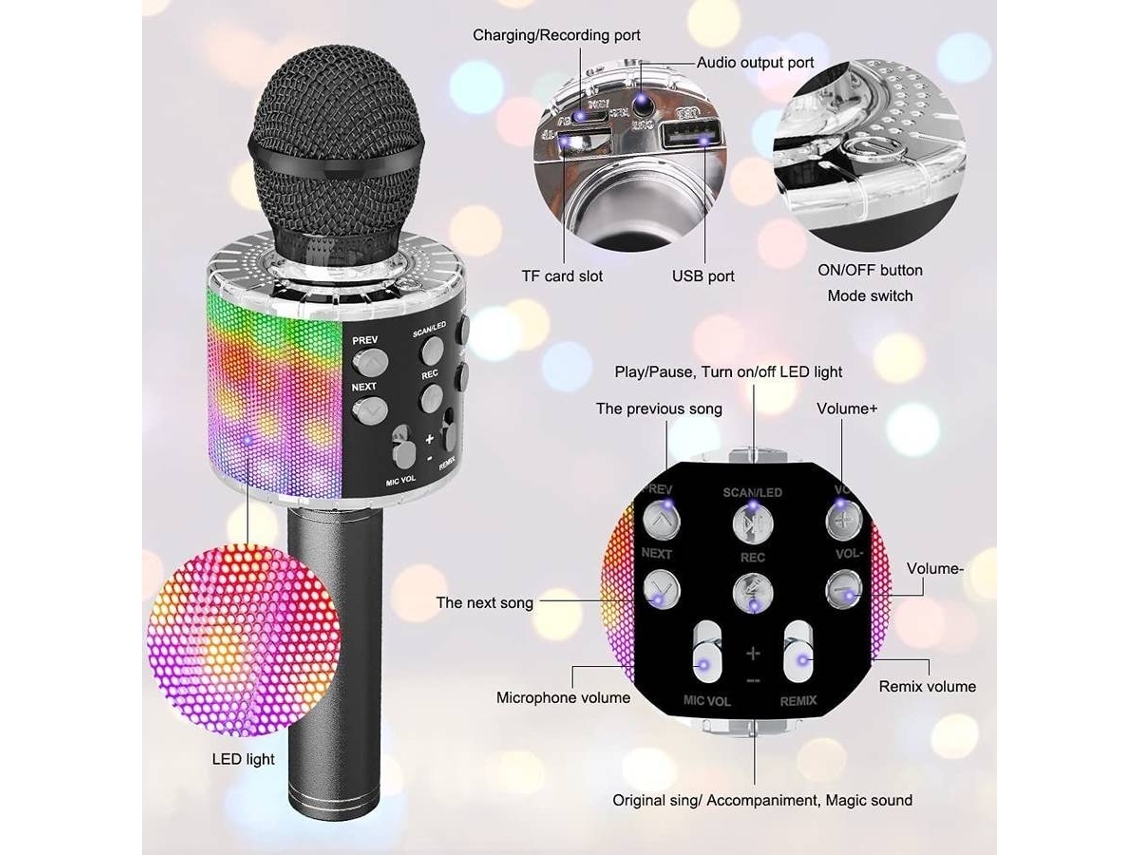 Micrófono inalámbrico Luces de baile LED Portátil Bluetooth Máquina de  karaoke portátil Reproductor de Ktv en casa con función de grabación Negro