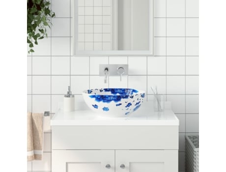 MAISON EXCLUSIVE Lavabo sobre encimera redondo cerámica blanco y azul Φ41x14 cm