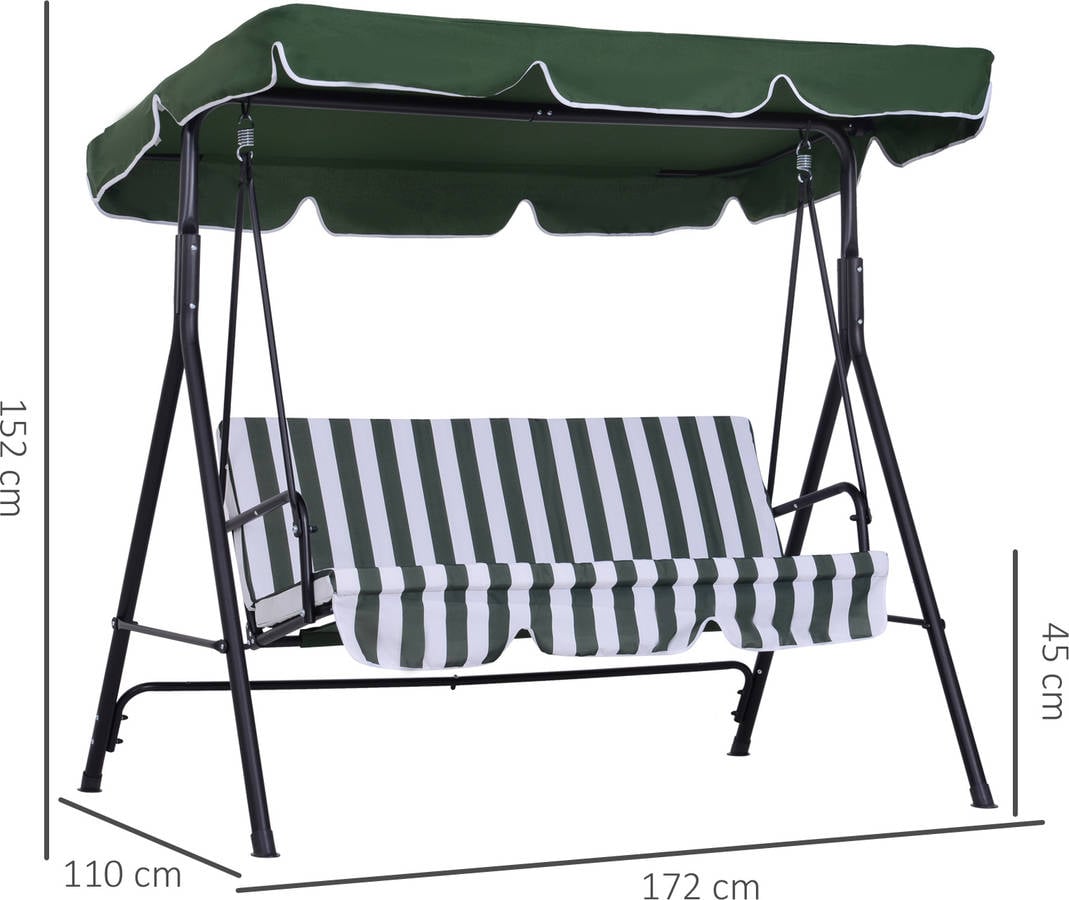 Outsunny Columpio De 3 plazas silla con verde 172x110x152cm acero 172 110 152