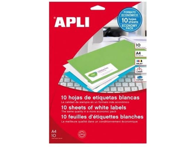 Apli 12927 Etiquetas blancas permanentes 254 x 100 mm 10 hojas adhesivas