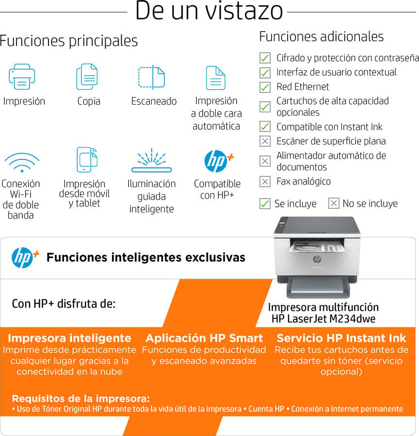 Impresora HP LaserJet M234dwe (Multifunción - Laser Mono - Wi-Fi - Bluetooth - Instant Ink)