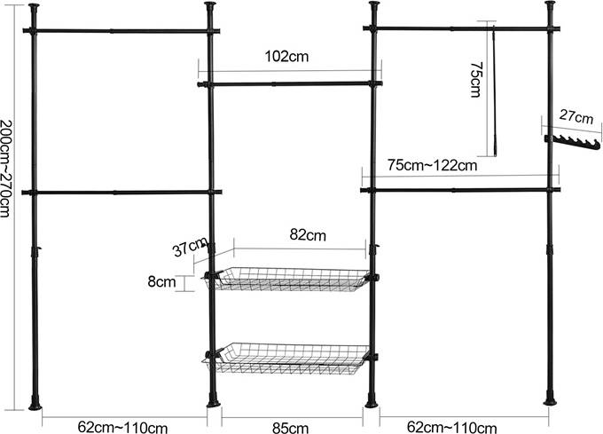 Perchero SOBUY Ajustable (Negro - Plástico y Hierro - 160-215x200-270 cm / 82x37x8 cm)