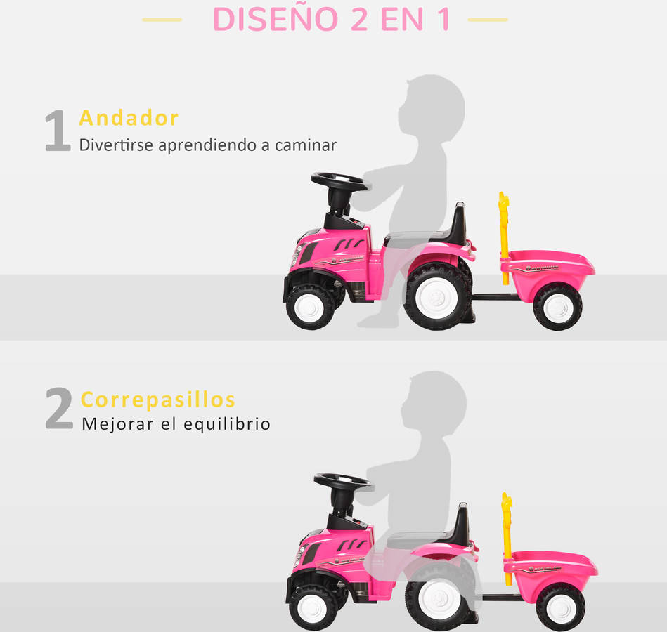 Homcom Tractor Con remolque para niños 1236 meses faros pala y rastrillo andador desmontable rosa 1