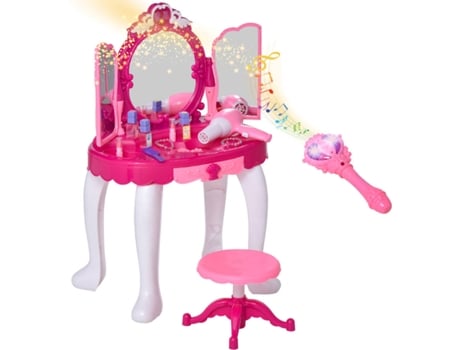 Homcom Tocador De juguete infantil accesorios maquillaje espejo +3 años efectos luz puerto mp3 control remoto 45x305x72 cm rosa conjunto para 6 9x195cm 8x18cm 7x17cm 6x14