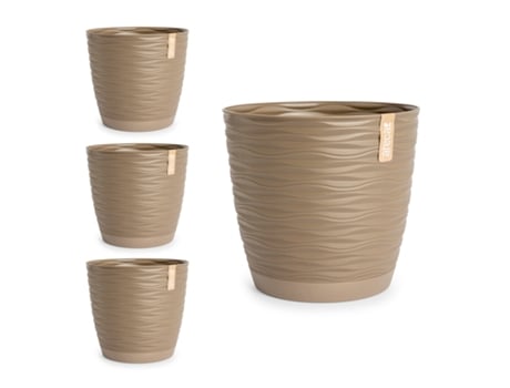 Set de 4 Macetas Decorativas Redondas 23 cm con Platos Integrados. Taupe ARECA