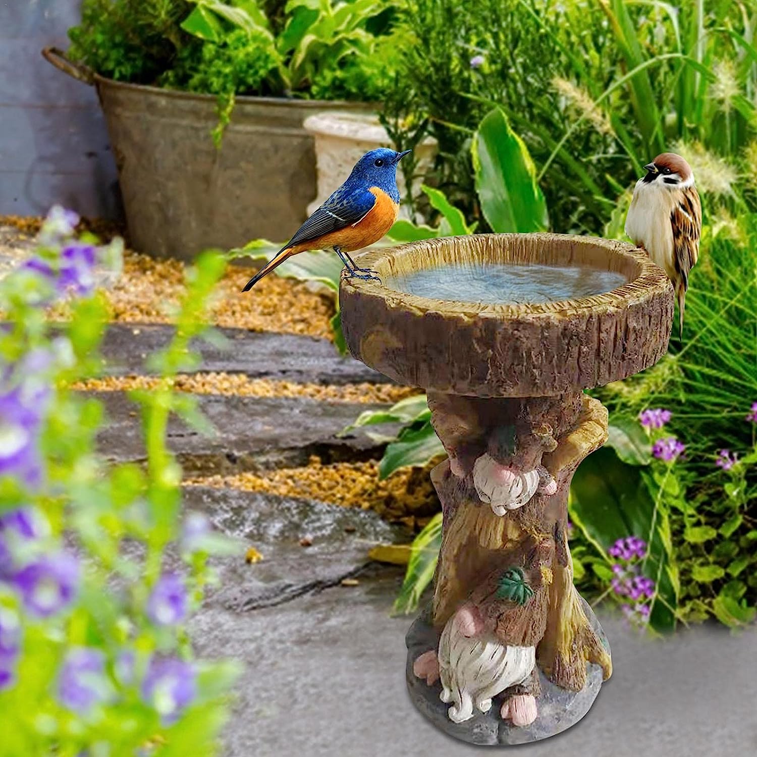 Exterior Pájaro Baño Tazón Comedero Ornamentos Jardín Patio Animales  Decoración Comedero para pájaros con maceta Resina Artesanías