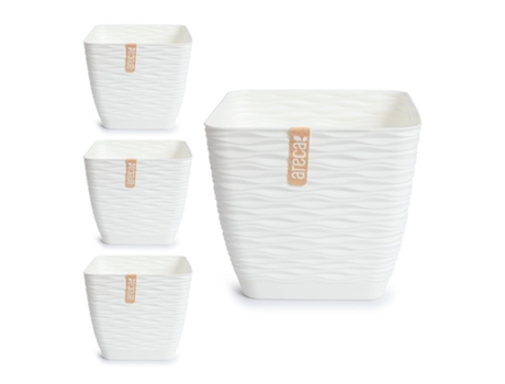 Set de 4 Macetas Decorativas Cuadradas 19 cm con Platos Integrados. Blanco Roto ARECA