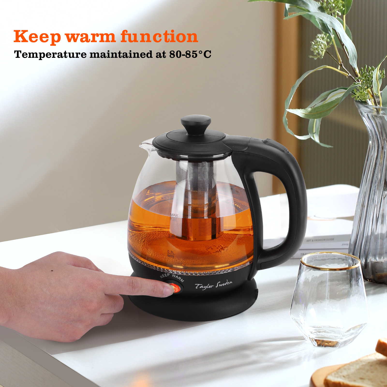 Taylor Swoden - Hervidor eléctrico de agua caliente de vidrio para té y  café de 1.7 litros, hervidor eléctrico de ebullición rápida, caldera de  agua