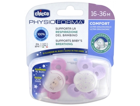 Chupete Physio Comfort Night 2 de Silicona 16-36 Meses Modelo: Gatito Rosa Y Estrellas Rosas CHICCO