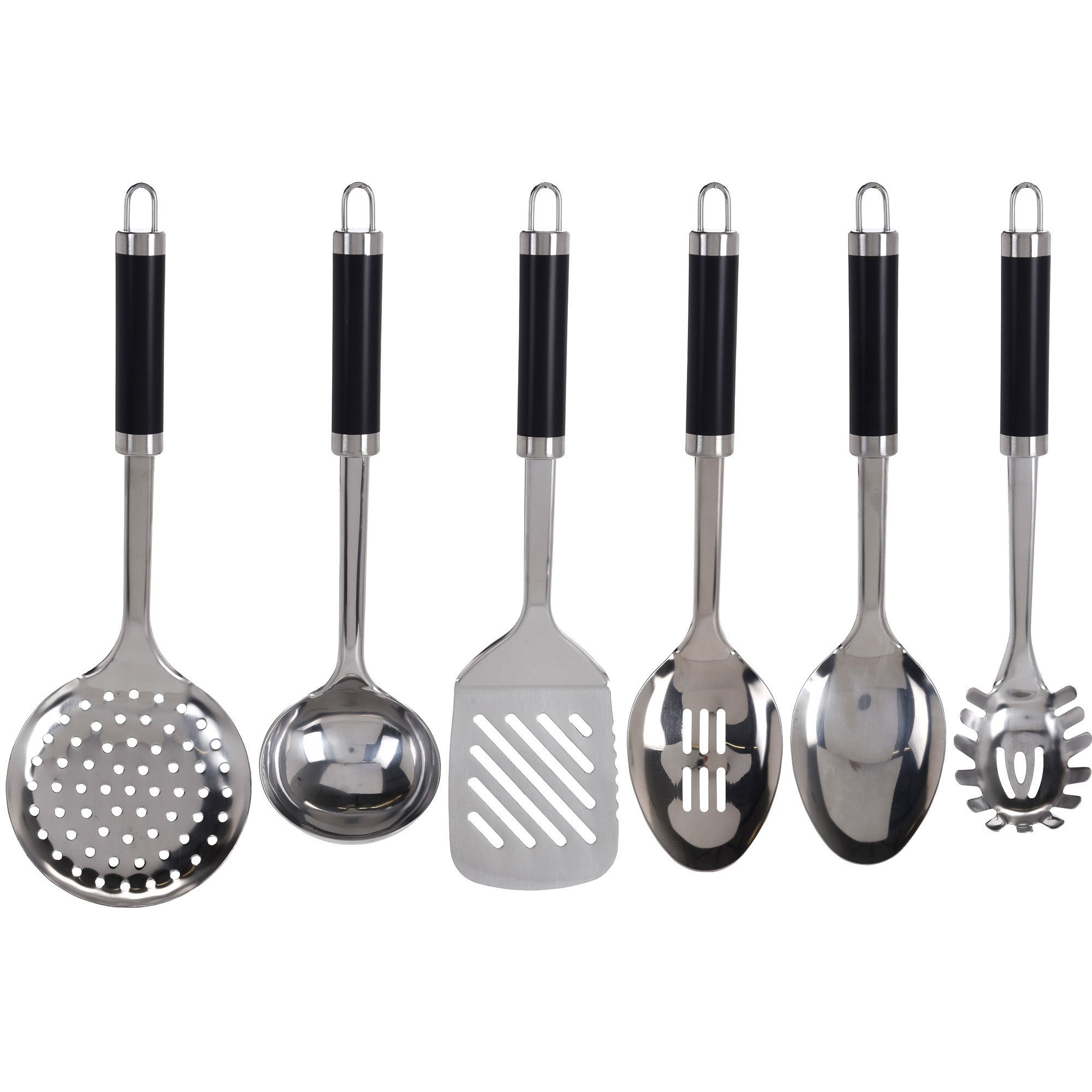 Accesorios de cocina con mango negro, acero inoxidable, 7 piezas