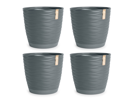 Set de 4 Macetas Decorativas Redondas 17 cm con Platos Integrados. Gris ARECA