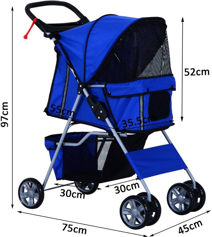 Pawhut Cochecito Plegable mascotas carrito para perros gatos con cuatro ruedas cesta de almacenaje ventanas y portavasos tela pegable azul 77x45x97cm nylon hasta 15 kg