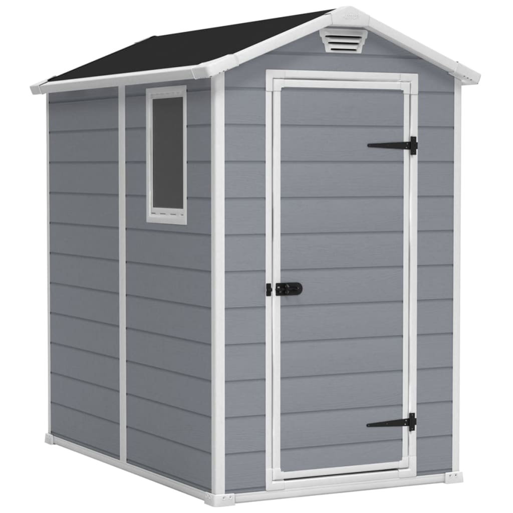 Keter Manor 4x6 shed caseta con suelo sistema ventilación puerta y ventana resistente agua color gris resina slip cobertizo pvc almacenaje 46s 205044 130 192 198