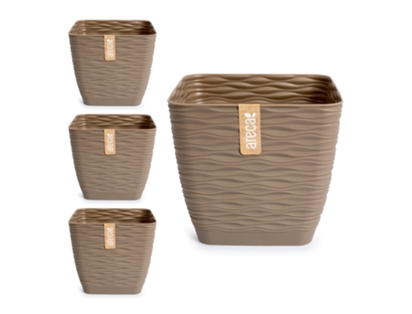 Set de 4 Macetas Decorativas Cuadradas 19 cm con Platos Integrados. Taupe ARECA