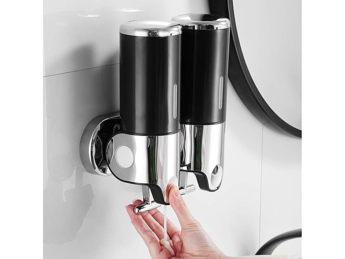 Dispensador de jabón de pared de 500 ml x 2, dispensador de jabón de mano  de doble cabeza, dispensador de champú de gel de ducha líquido para cocina,  baño, hotel (negro)