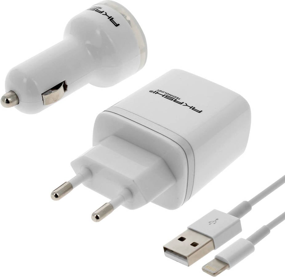 Cargador AKASHI 2 USB + Cargador Coche 2.1A 2 USB + Cable Lightning Blanco