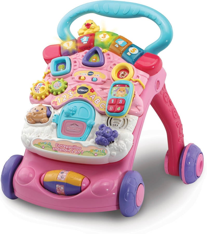 Andador Y Correpasillos vtech 2 en 1 rosa color con panel de actividades sistema frenado plegable andandin luces patas