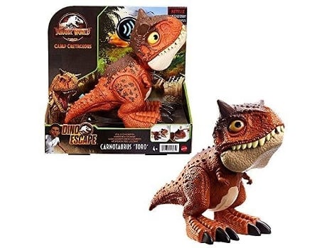 Jurassic World Bebé carnotaurus mordedor dinosaurio articulado con movimientos y sonidos figura de brincar mattel toro escape edad 3