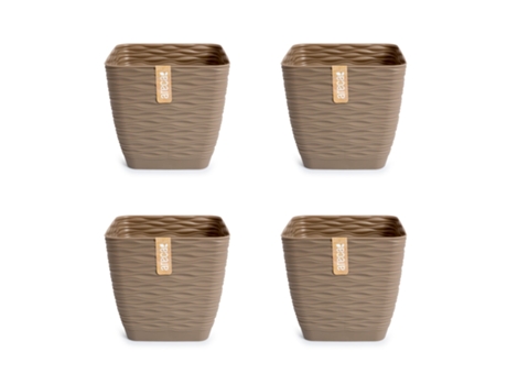 Set de 4 Macetas Decorativas Cuadradas 13 cm con Platos Integrados. Taupe ARECA